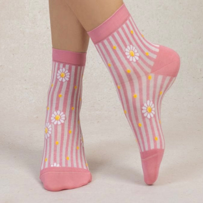 Chaussettes Courtes Rayures Marguerites Rose T36/38 / T39/41
