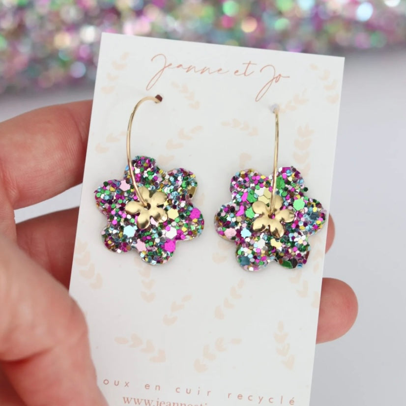 Boucles d’oreilles créoles fleurs pailletées