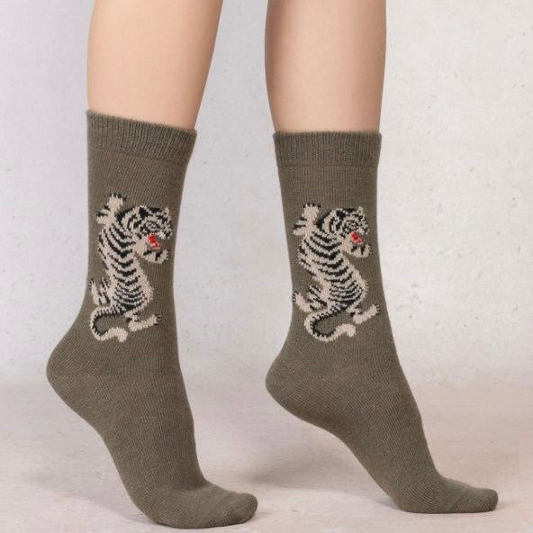 Chaussettes Cachemire Tigre kaki T36/40