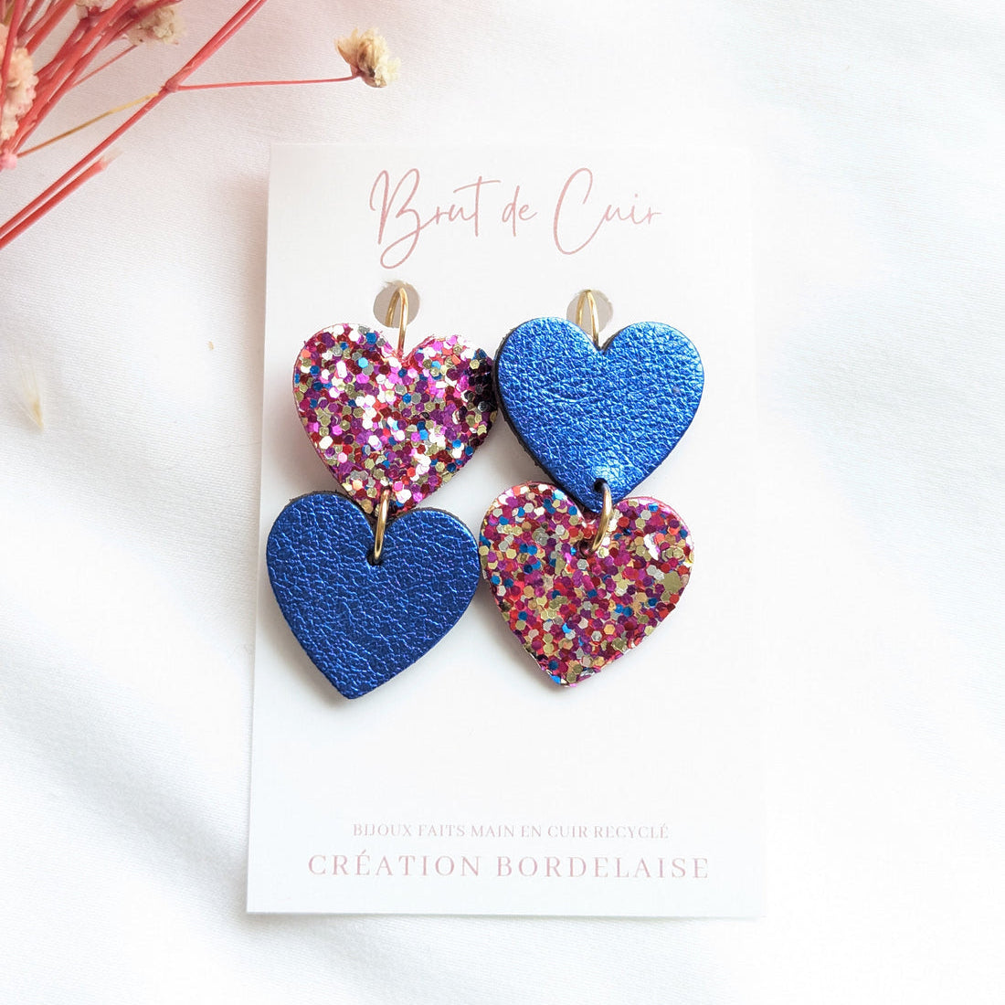 Boucles d'oreilles double coeurs bleu/rose