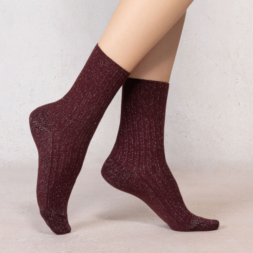 Chaussettes Lurex à côtes Bordeaux& argent T36/40