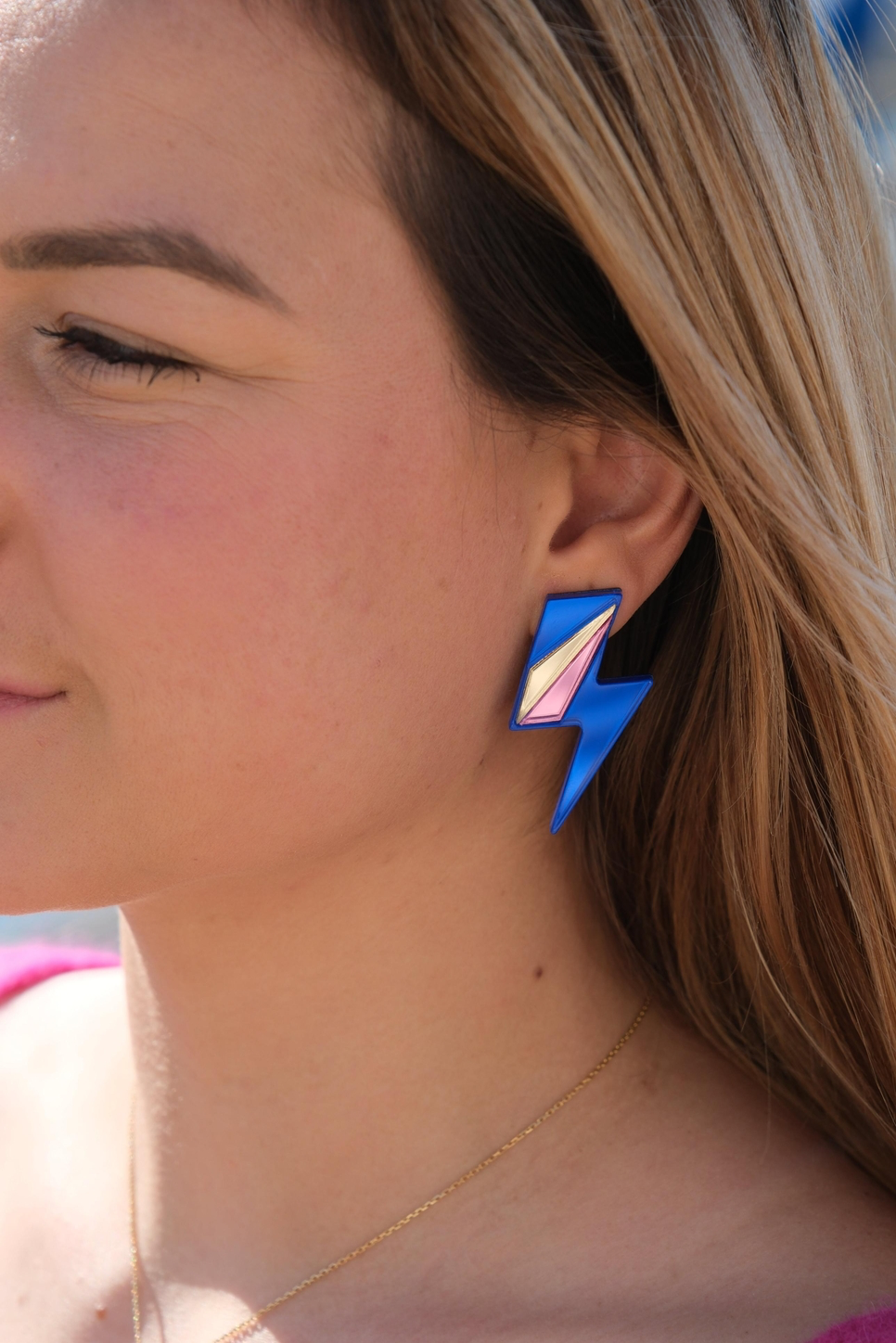 Boucles d’oreilles puces miroirs maxi éclair bleu/or/rose