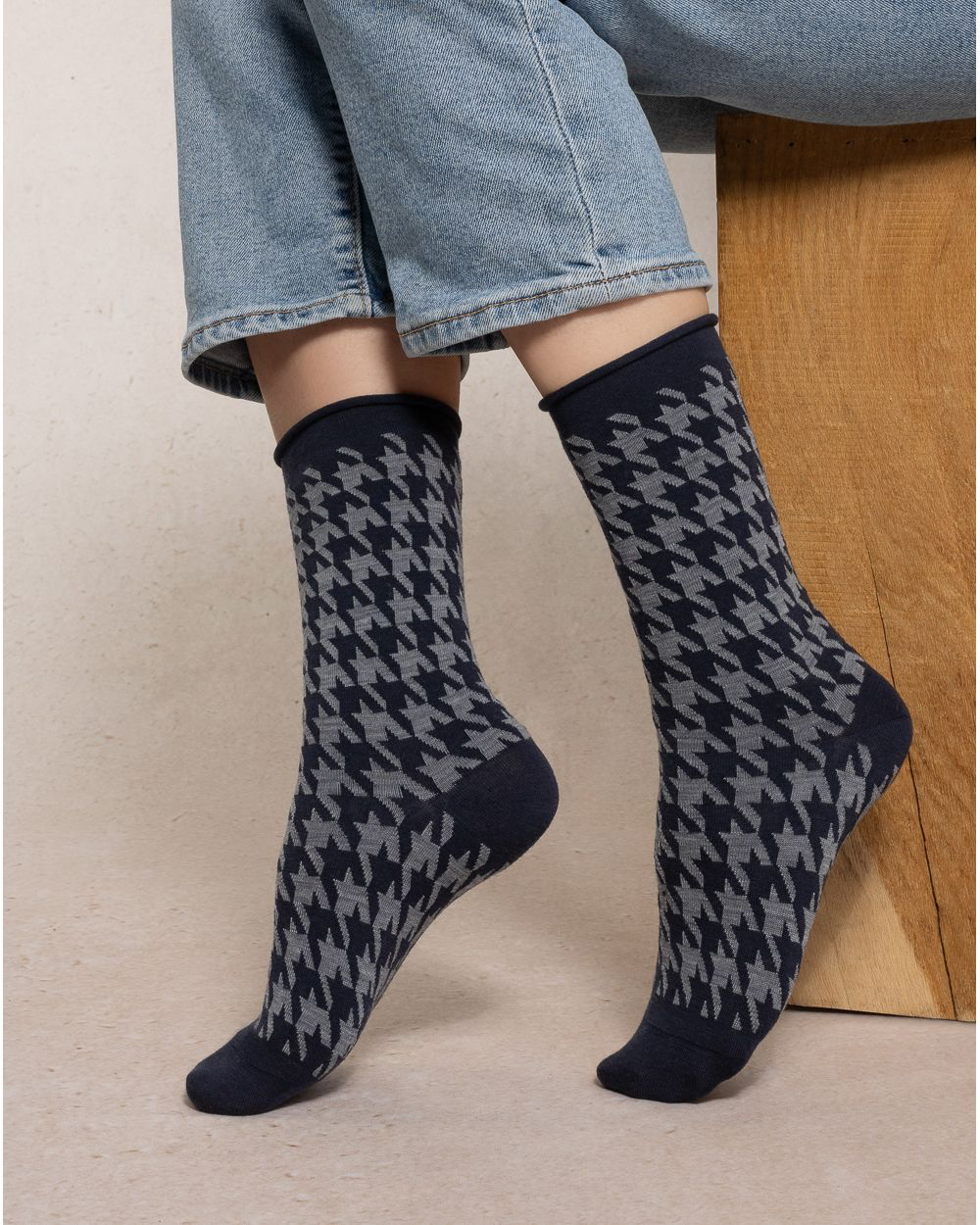 Chaussettes laine fine pieds de poule marine T36/38 / T39/41