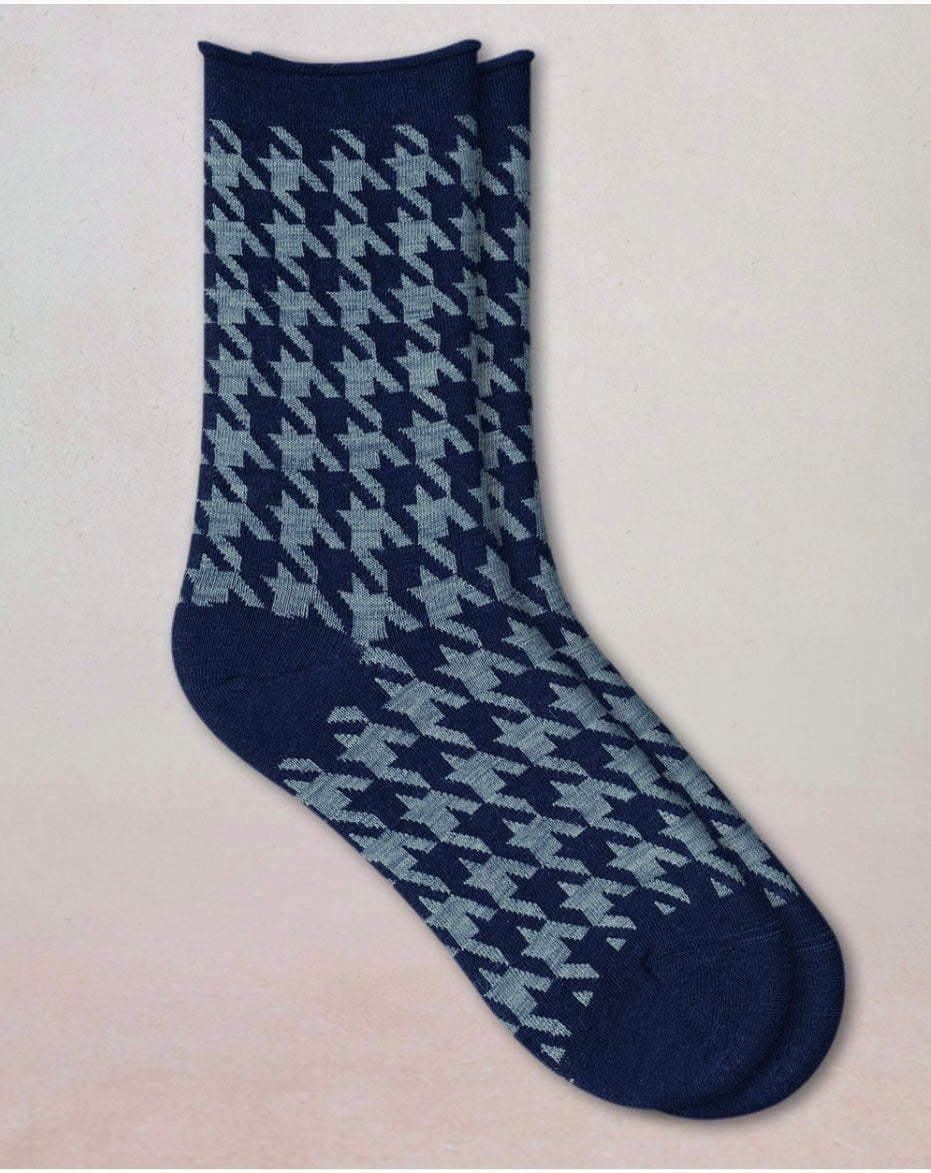 Chaussettes laine fine pieds de poule marine T36/38 / T39/41