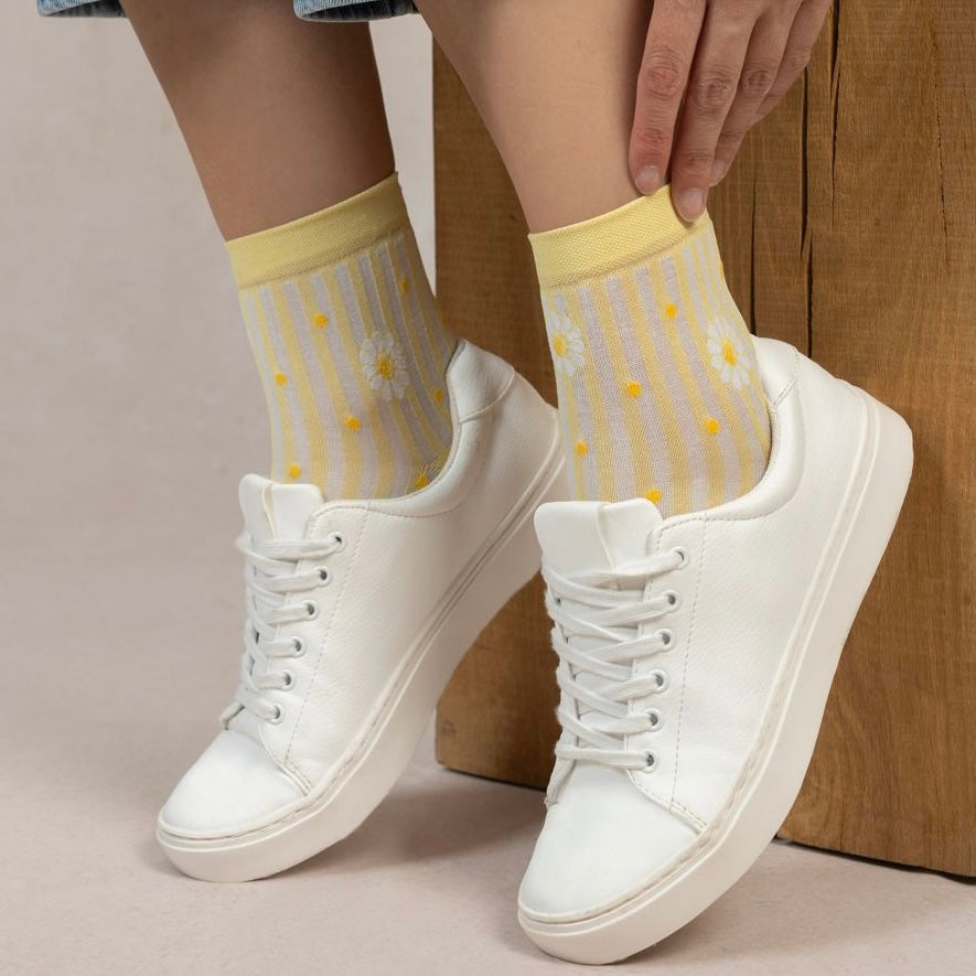 Chaussettes Courtes Rayures Marguerites Jaune Pâle T36/38 / T39/41