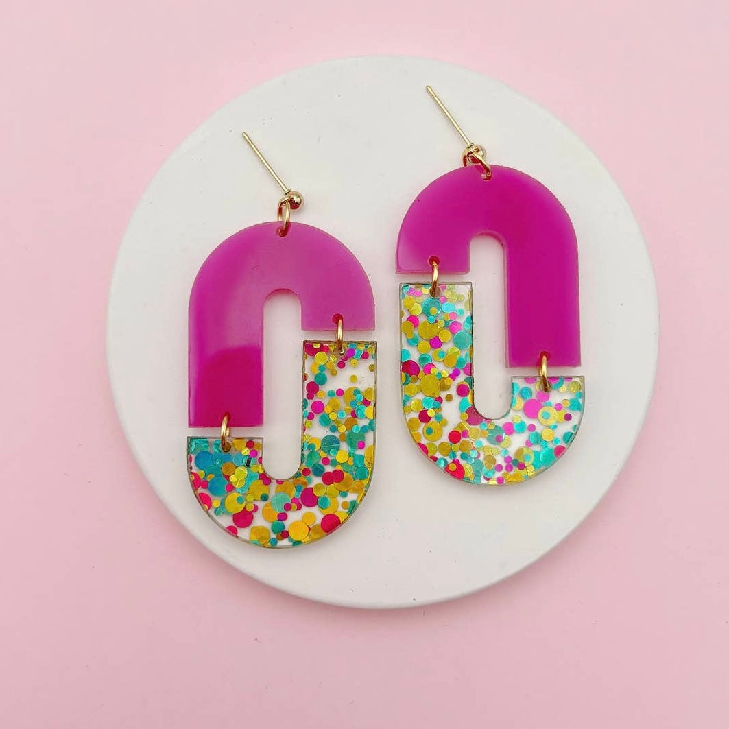 Boucles d’oreilles Laurette rose et paillettes multicolores
