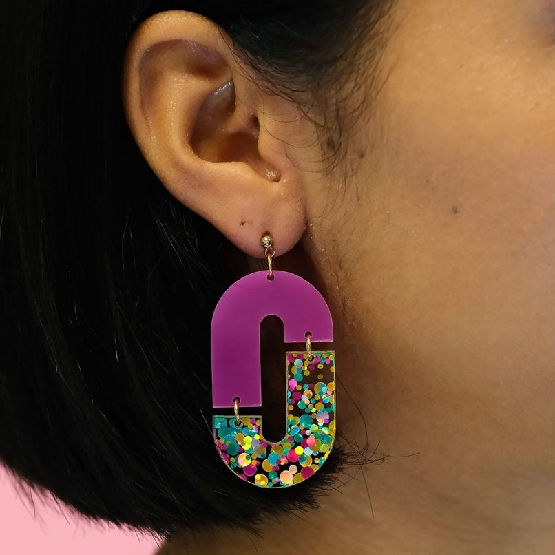 Boucles d’oreilles Laurette rose et paillettes multicolores