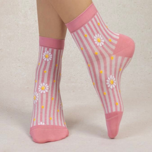 Chaussettes Courtes Rayures Marguerites Rose T36/38 / T39/41