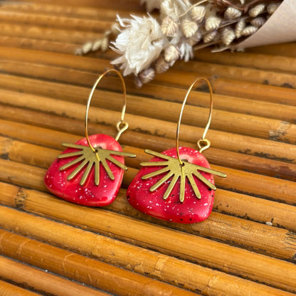 Boucles d'oreilles en céramique galet rouge et soleil
