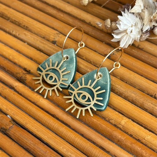 Boucles d'oreilles en céramique galet vert et œil de soleil