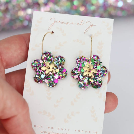 Boucles d’oreilles créoles fleurs pailletées