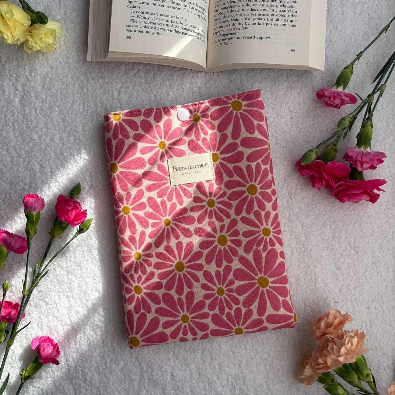 Pochette à livre - Marguerites rose