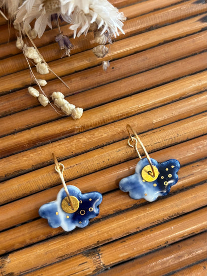 Boucles d'oreilles en céramique Éventail nuances bleutées