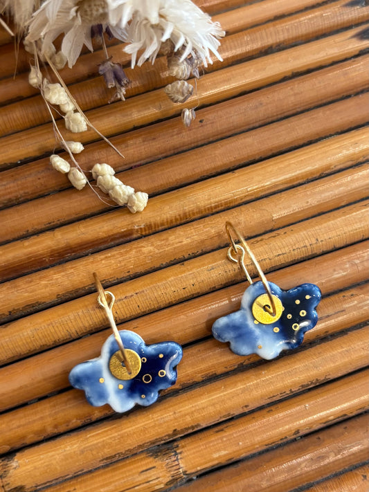 Boucles d'oreilles en céramique Éventail nuances bleutées