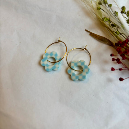 Boucles d’oreilles Flora vichy bleu ciel