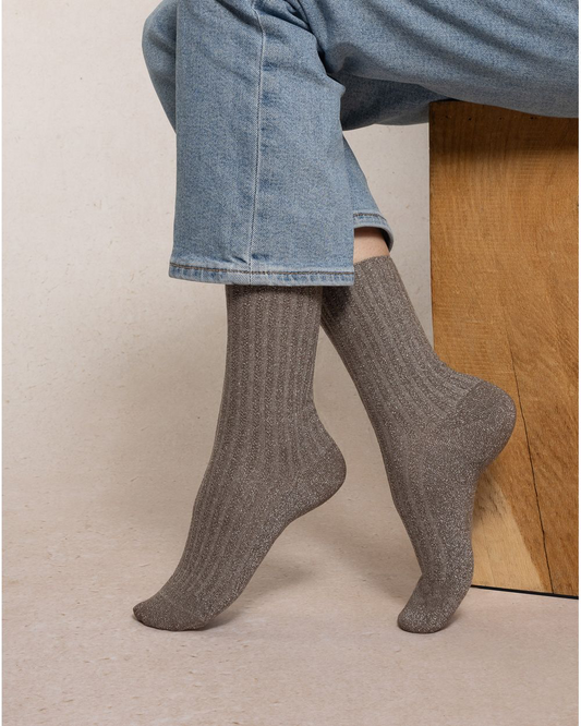 Chaussettes Lurex à côtes taupe & argent T36/40