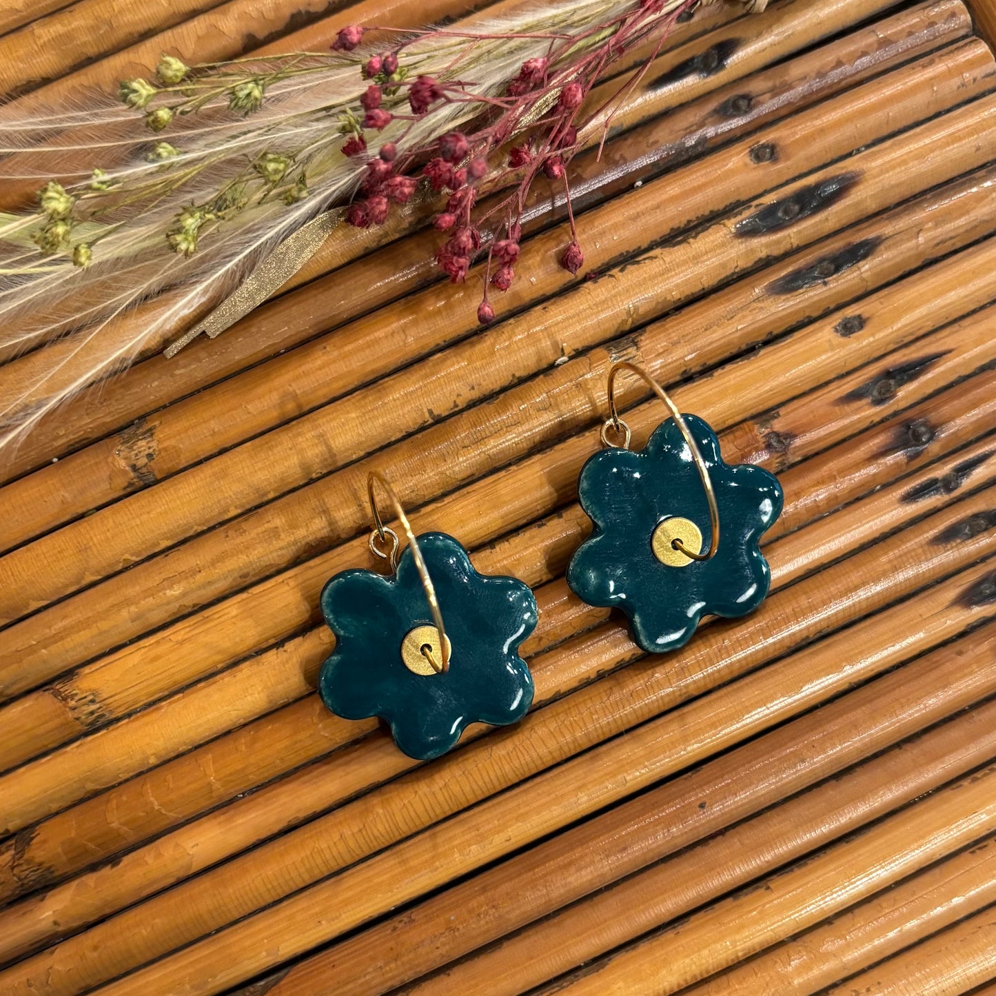 Boucles d'oreilles en céramique fleurs vertes canards
