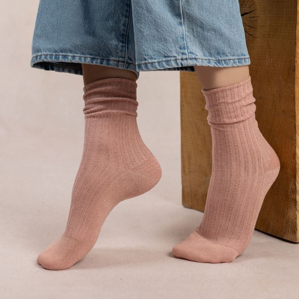 Chaussettes Lurex à côtes poudre/or T36/40