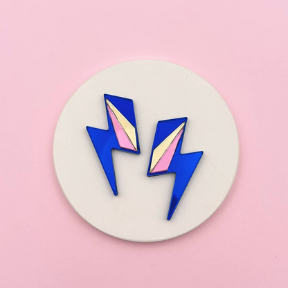 Boucles d’oreilles puces miroirs maxi éclair bleu/or/rose