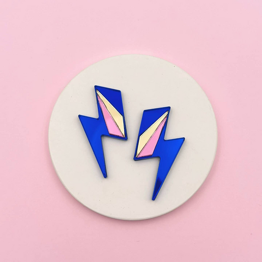 Boucles d’oreilles puces miroirs maxi éclair bleu/or/rose