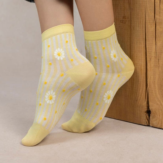 Chaussettes Courtes Rayures Marguerites Jaune Pâle T36/38 / T39/41