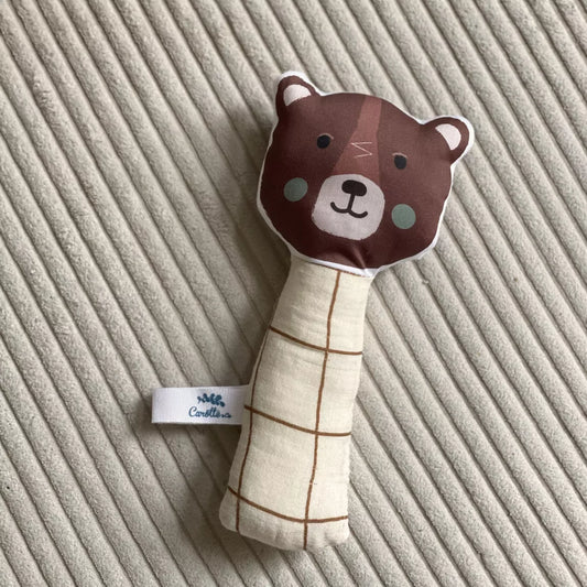 Hochet Ours Brun en gaz de coton à carreaux