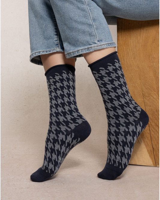 Chaussettes laine fine pieds de poule marine T36/38 / T39/41