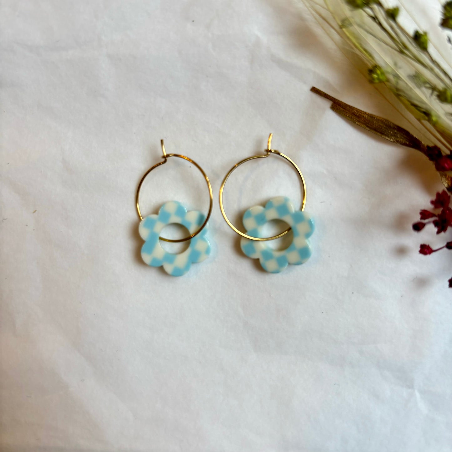 Boucles d’oreilles Flora vichy bleu ciel