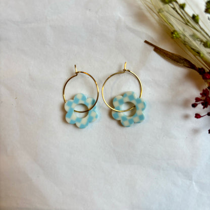 Boucles d’oreilles Flora vichy bleu ciel