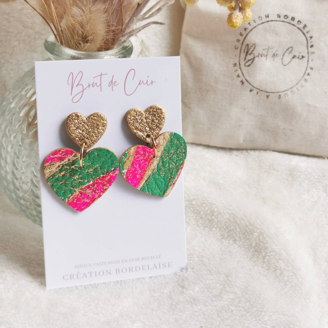 Boucles d'oreilles Belza cuir vert et rose fluo