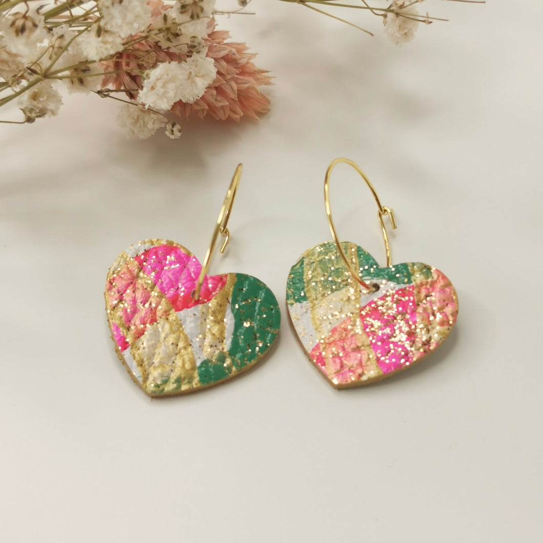 Boucles d'oreilles Suzzi cuir vert et rose
