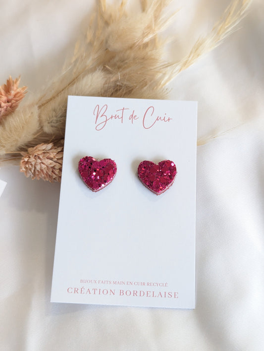 Boucles d'oreilles Puces cœur fuschia