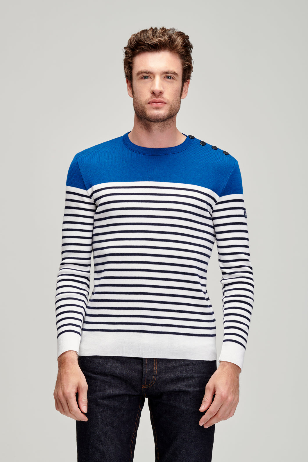Pull en laine mérinos à rayures écru/saphir - Do you speak français ?