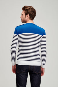 Pull en laine mérinos à rayures écru/saphir - Do you speak français ?