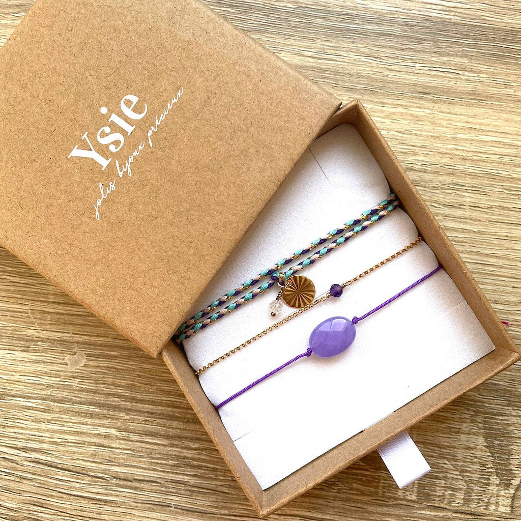 Coffret de bracelets violets avec pierres semi-précieuses