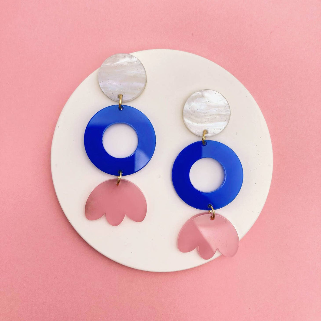 Boucles d’oreilles Pierrette bleu, blanc et rose