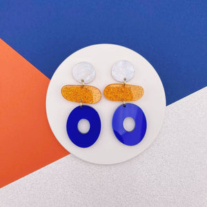 Boucles d’oreilles Viviette bleu, orange pailleté et blanc nacré