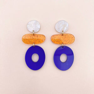 Boucles d’oreilles Viviette bleu, orange pailleté et blanc nacré